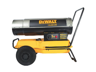 Red and black forced air kerosene heater on wheels